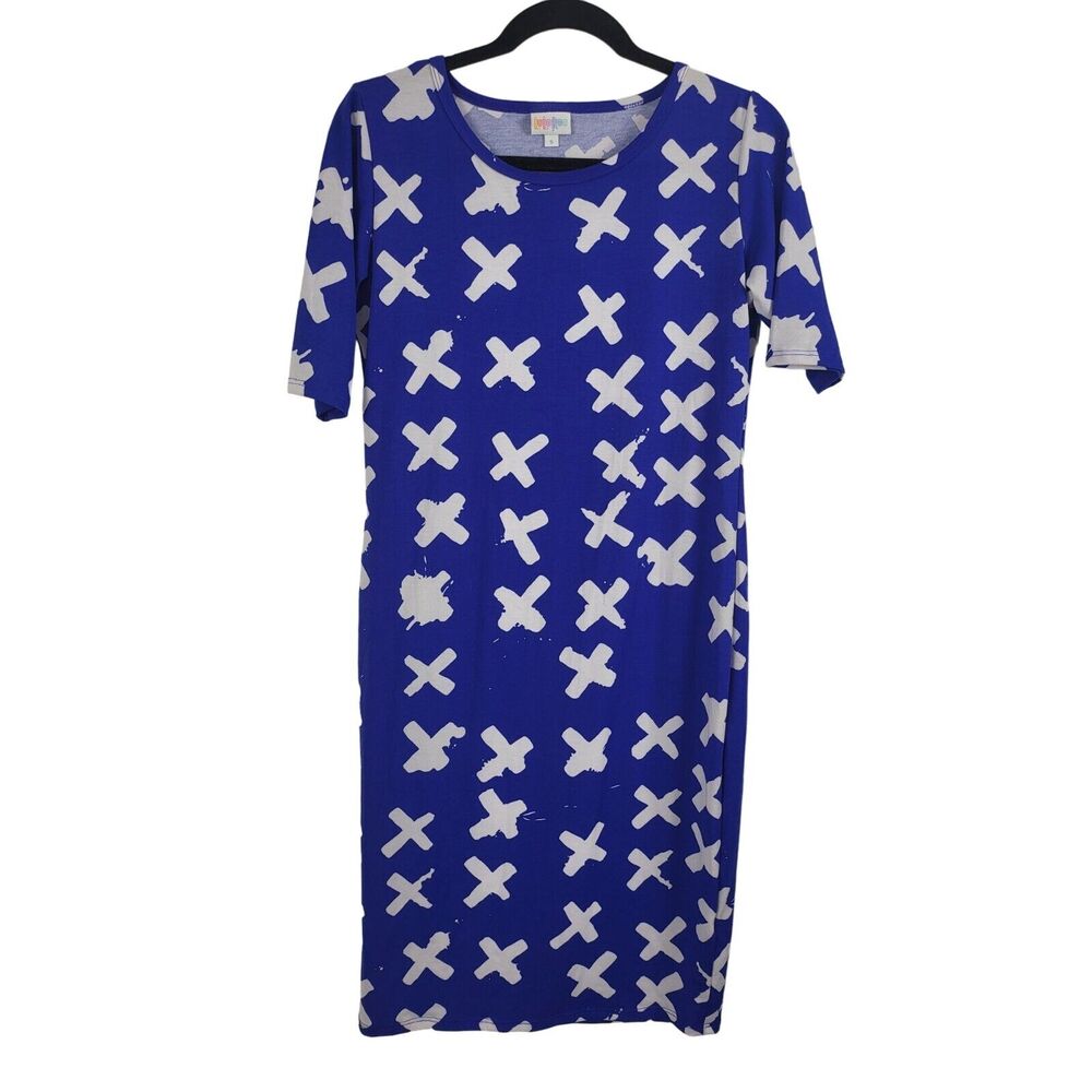 Lularoe Julia Simply Comfortable Tunic Dress Small Womens Blue Cross Print
